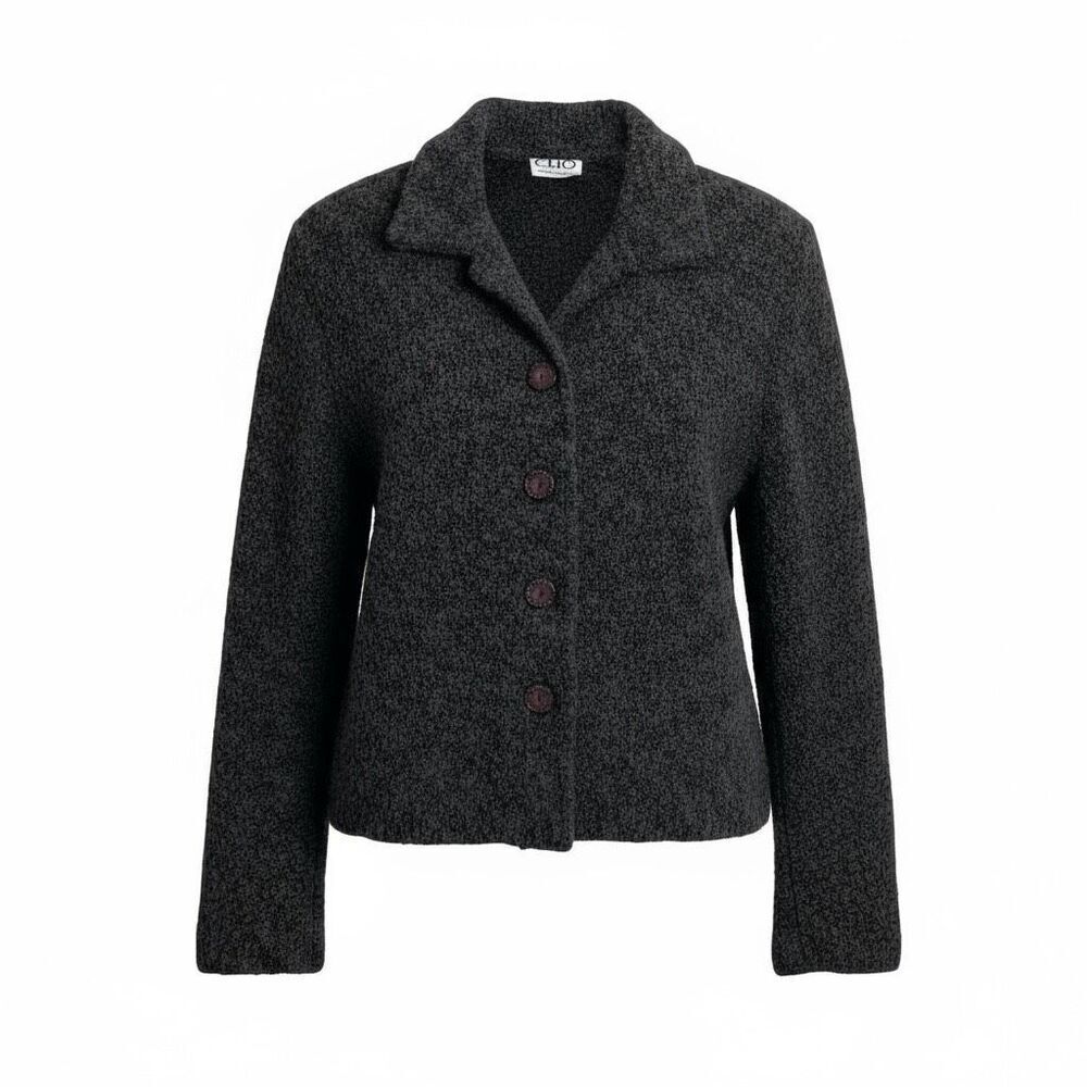Vintage Clio‎ Wool Blend Boucle Collared Button Front Cardigan Black Size Large